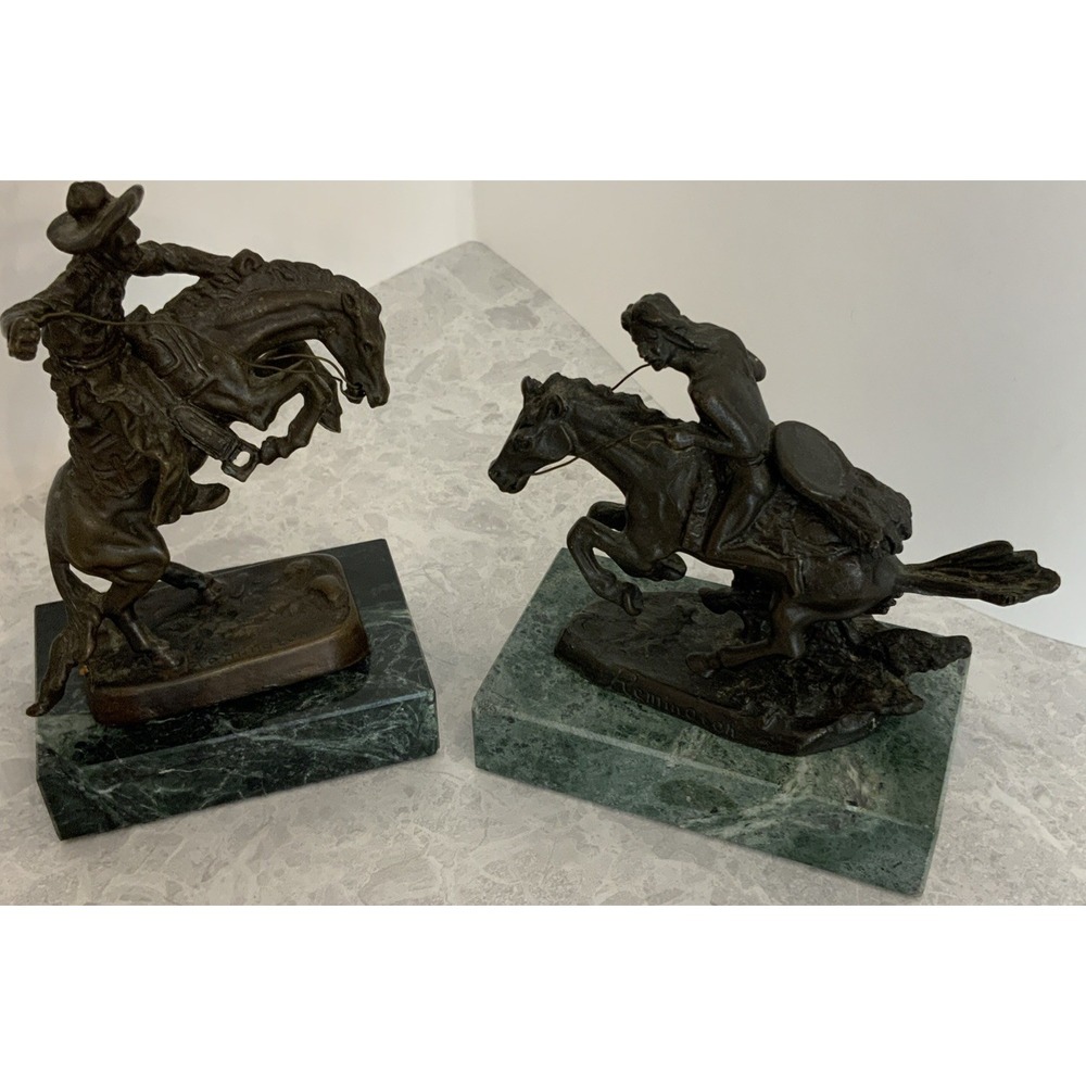 Pair Fredric Remington Mini Bronze Statues Signed The Rattlesnake & The Cheyenne